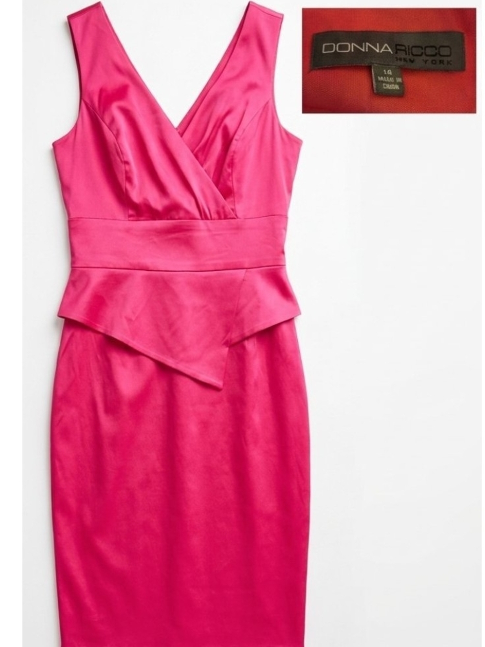 MOB MOG Wedding Guest Donna Ricco Fuchsia Pink Satin Peplum V-Neck Dress